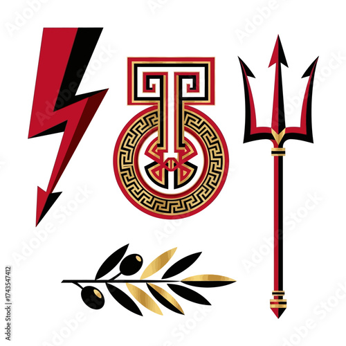 Collection of symbols representing power, wisdom, and peace, with a lightning bolt, olive branch, and trident.
