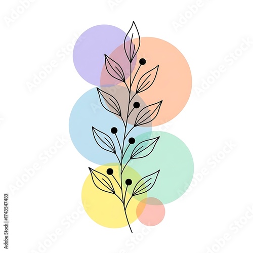 Minimalist Botanical Line Art with Soft Pastel Circles.