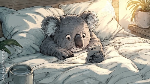 Cartoon koala character sitting in cozy bed, holding smartphone, surrounded by soft pillows and warm lighting, creating a relaxed and whimsical atmosphere for storytelling