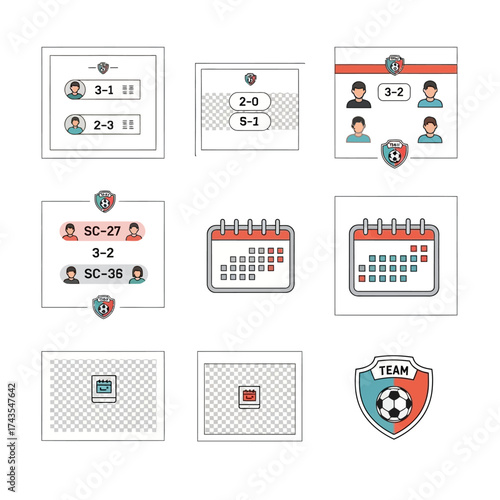 Collection of various sports-related icons, including scoreboards, calendars, and team emblems.