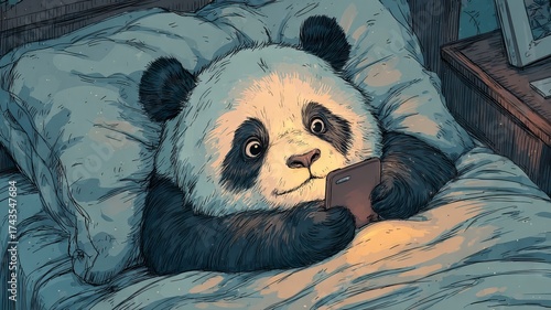 Cartoon panda character sitting in cozy bed, holding smartphone, surrounded by soft pillows and warm lighting, creating a relaxed and whimsical atmosphere for storytelling