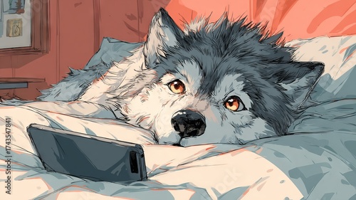 Cartoon wolf character sitting in cozy bed, holding smartphone, surrounded by soft pillows and warm lighting, creating a relaxed and whimsical atmosphere for storytelling