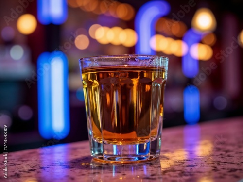 A glass of amber whiskey sits on a smooth, light-colored bar counter. The vibrant blue and purple lights create a festive atmosphere in the background, suggesting a lively evening scene.