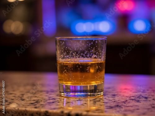 Sharp focus on a schnapps glass with warm highlights and neon reflections, set against a blurred luxury bar background—perfect for high-end ads