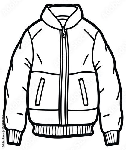 Line art illustration of a classic bomber jacket, a short, insulated, zip-up outerwear garment with ribbed cuffs and waistband, perfect for casual wear and layering in cool weather