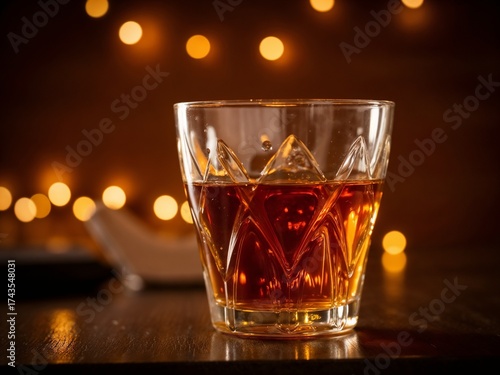 Crystal-clear close-up of chilled grappa in an elegant glass on dark wood