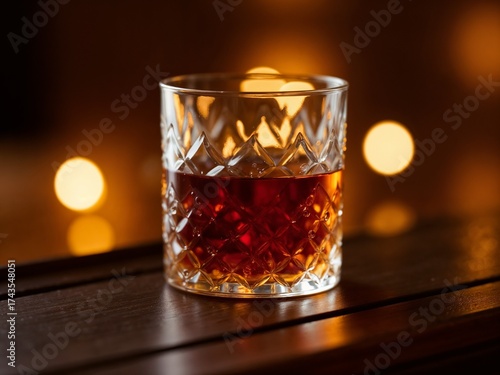 Elegant glass of amber grappa with condensation on polished wood