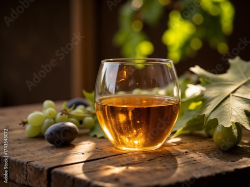 Premium grappa in elegant glass on rustic wooden table with fresh grapes and leaves