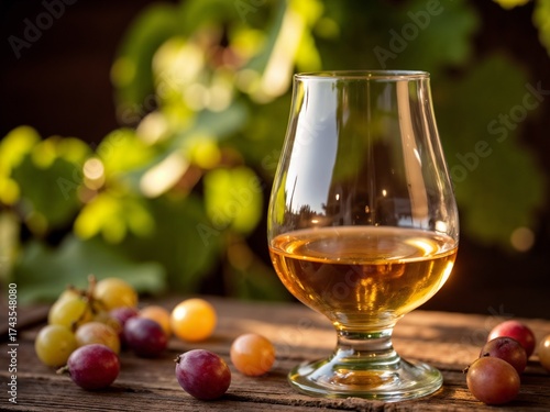 Premium grappa in stylish glass on rustic wooden table with grapes and leaves