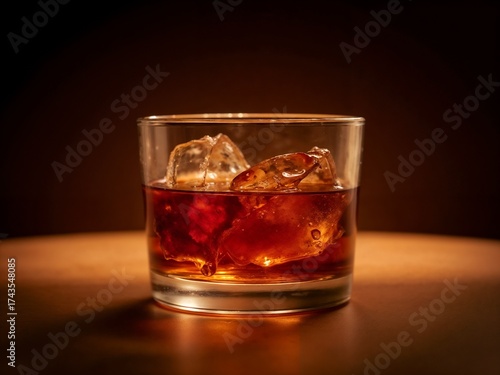 Elegant glass of Sambuca with rich amber liquid, glowing under warm light—perfect for premium, creative alcohol advertising campaigns