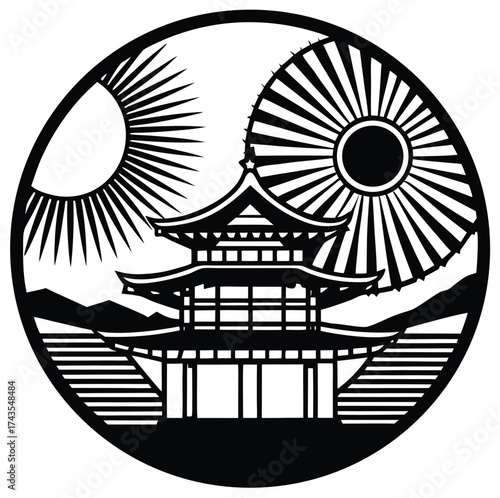 Vector illustration design concept of a Japanese temple and garden art with a black circle pin icon and sun symbol
