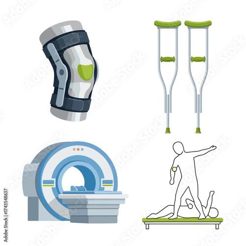 Medical illustrations: knee brace, crutches, MRI machine, and physical therapy.