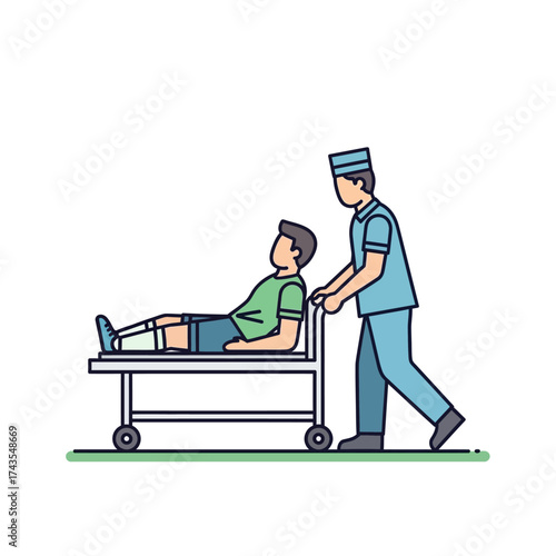 Illustration of a patient on a gurney being pushed by a healthcare worker.