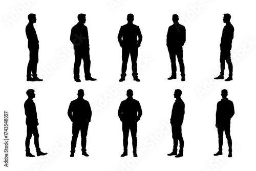 Vector silhouettes of standing men in various poses, symbol of confidence and strength