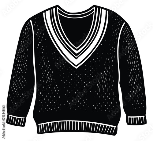 Classic V-neck pullover sweater illustration featuring a traditional design with contrasting striped trim on the collar, cuffs, and hem, perfect for academic or casual apparel concepts