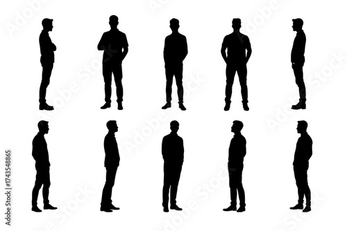 Vector silhouettes of standing men in various poses, symbol of confidence and strength