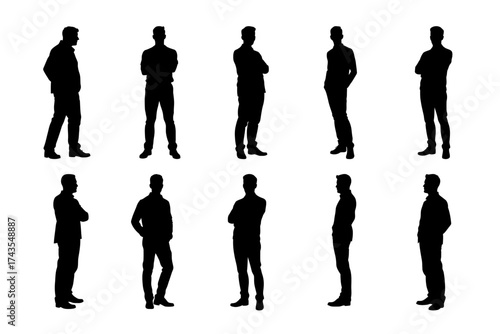 Vector silhouettes of standing men in various poses, symbol of confidence and strength