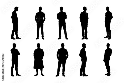 Vector silhouettes of standing men in various poses, symbol of confidence and strength