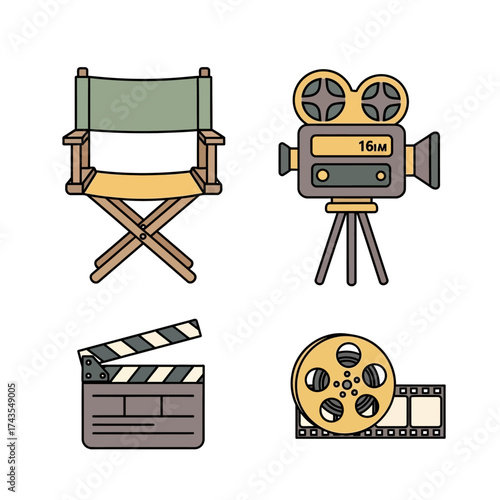 A set of four classic filmmaking icons: a director's chair, vintage camera, clapperboard, and film reel.