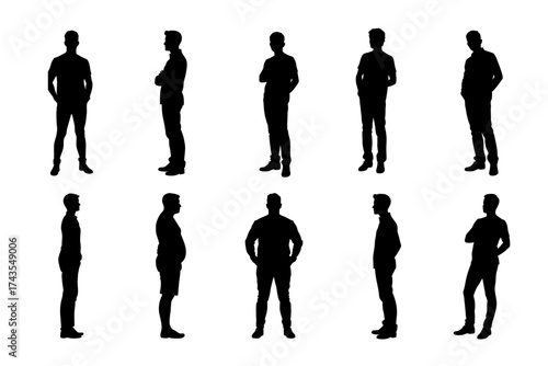 Vector silhouettes of standing men in various poses, symbol of confidence and strength