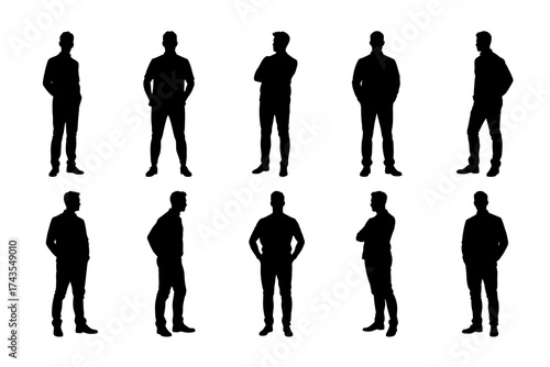 Vector silhouettes of standing men in various poses, symbol of confidence and strength