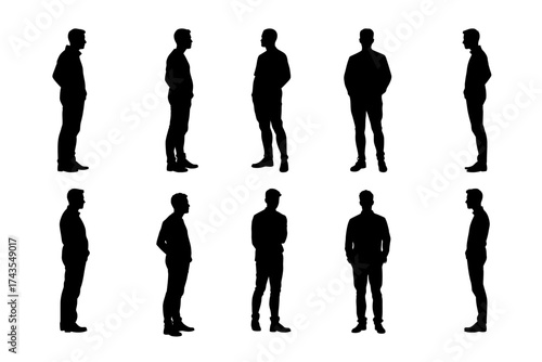 Vector silhouettes of standing men in various poses, symbol of confidence and strength