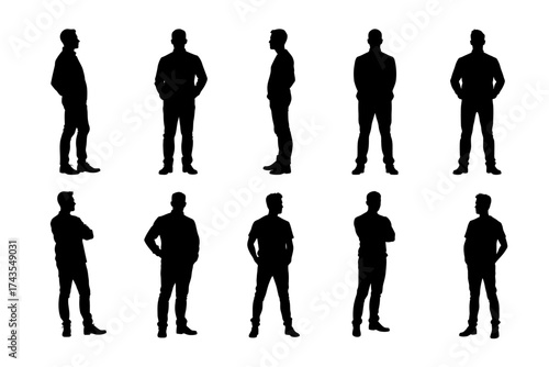 Vector silhouettes of standing men in various poses, symbol of confidence and strength