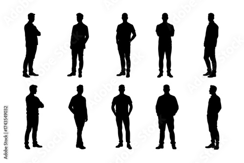 Vector silhouettes of standing men in various poses, symbol of confidence and strength