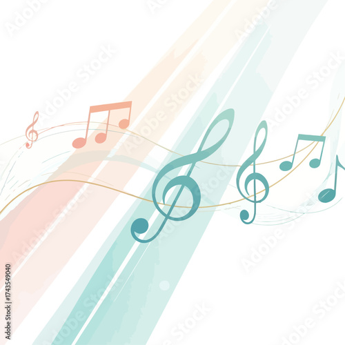 Colorful music notes on a white background with pastel stripes.