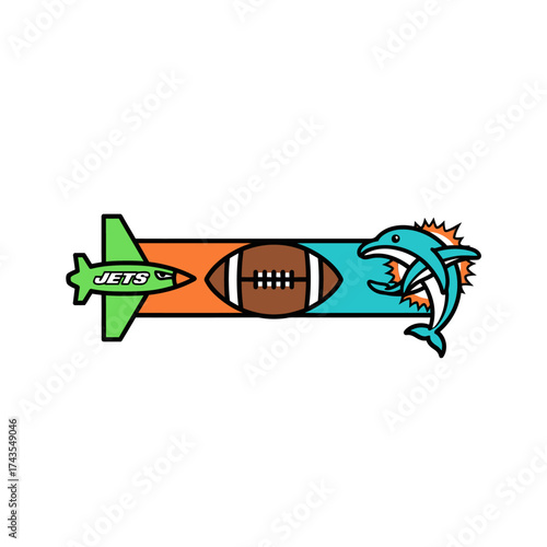 Creative graphic banner illustrating a football rivalry with a jet and a dolphin.
