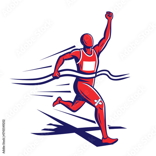 A runner in a red uniform crosses the finish line with their arm raised in victory.