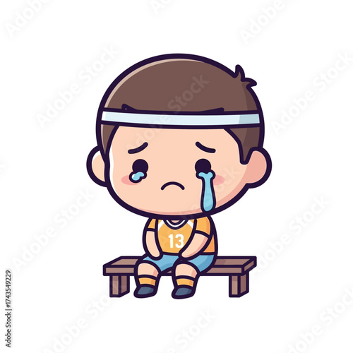 Cartoon boy crying on a bench with a headband and sports uniform.