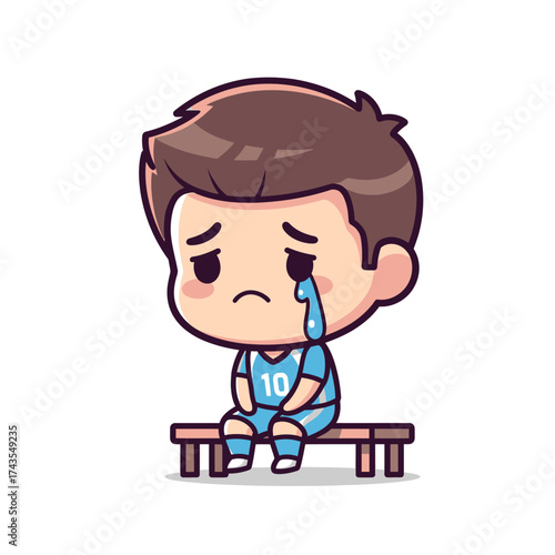 A sad cartoon boy in a blue soccer jersey crying while sitting on a bench after a loss.