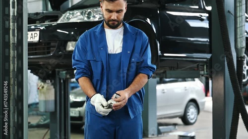 Vehicle is hanging up high. Male mechanic is working in the modern car workshop.