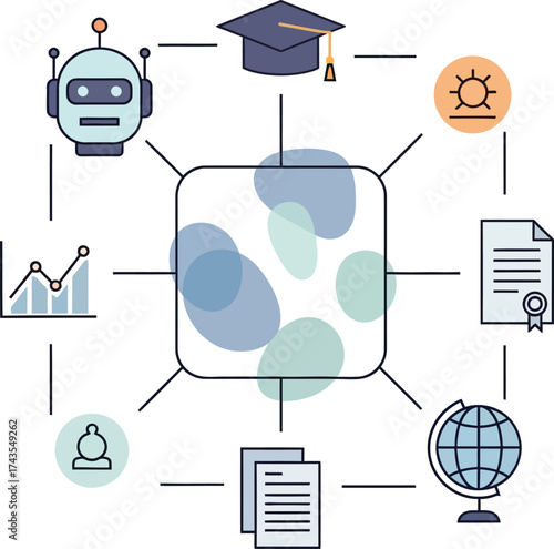 Abstract concept of artificial intelligence and education connecting to global learning and data analysis
