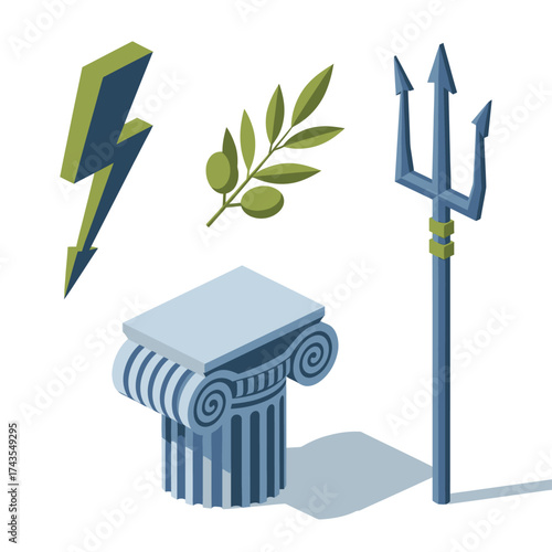 A collection of ancient Greek mythological symbols including a lightning bolt, olive branch, column, and trident.