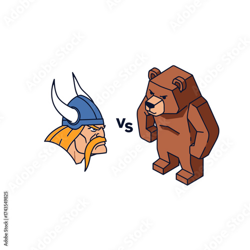 A cartoon illustration depicts a fierce Viking warrior versus a strong brown bear on a white background.