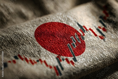 Abstract representation of japanese economic activity with a textured fabric background and stock market chart overlay