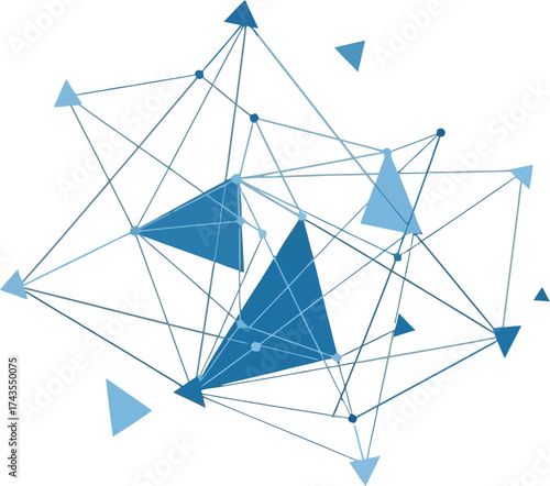 Abstract geometric network structure with interconnected triangles and spheres in blue and white tones
