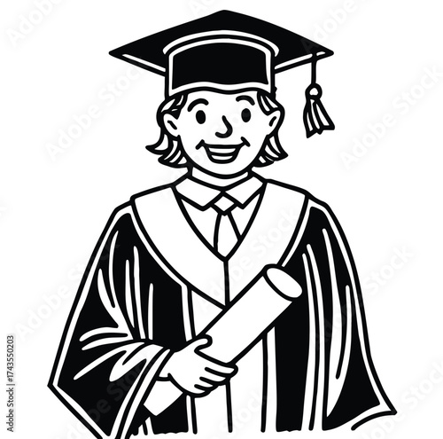 Black gown woman student smiling with diploma at college graduation ceremony