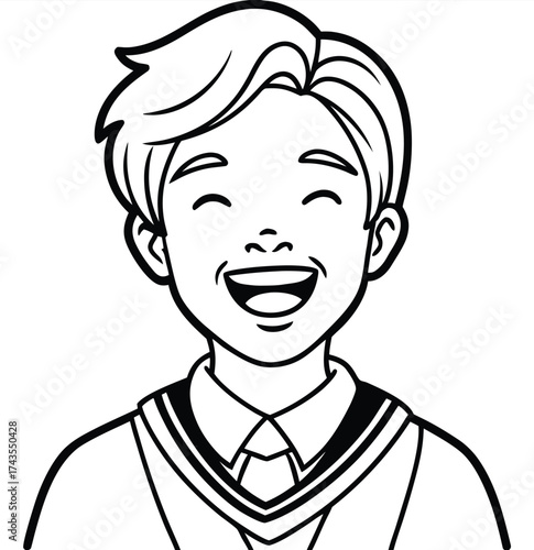 Cheerful monochrome line art illustration of a delighted young man, his wide smile radiating joy and positivity, perfect for designs conveying happiness, youth, and wholesome emotional expression