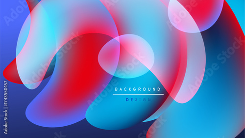 Abstract fluid shapes overlap. Vibrant blue, red hues blend. Modern design creates dynamic visual impact. Background features text elements.