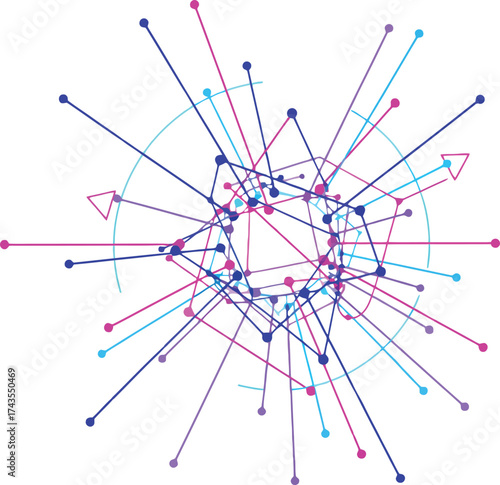 Abstract network of interconnected nodes and lines radiating outwards from a central point