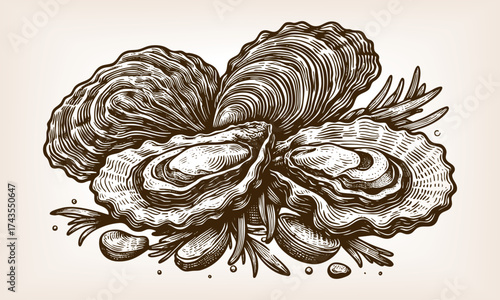 oysters with open and closed shells, symbolizing seafood, ocean harvest, and gourmet culinary delicacies sketch engraving generative ai vector illustration. Scratch board imitation. Black and white.