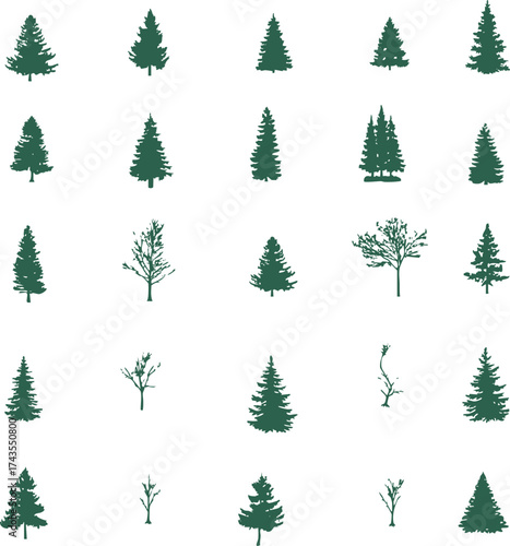 Set of pine tree forest silhouettes. Collection of evergreen coniferous woodland horizons, landscape borders, and nature skyline elements. Vector illustration for backgrounds, outdoor design, logos, a