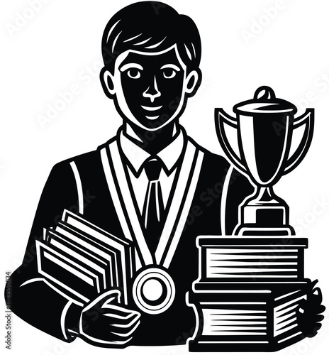 Achievement Illustration Student with Trophy, Books, and Medal in Black and White