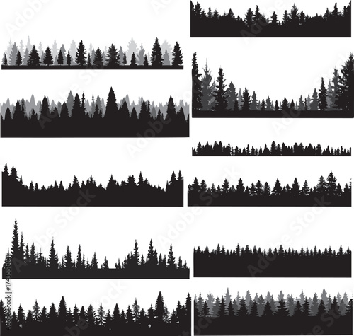 Set of Black Forest and Tree Silhouettes for Nature Backgrounds