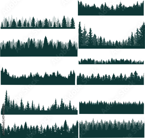 Set of pine tree forest silhouettes. Collection of evergreen coniferous woodland horizons, landscape borders, and nature skyline elements. Vector illustration for backgrounds, outdoor design, logos, a
