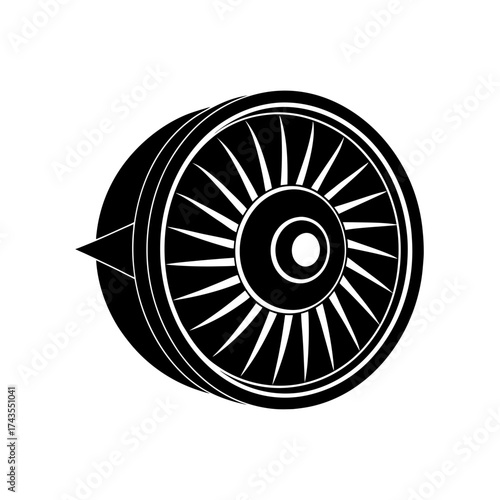 Illustration of a jet engine in black and white on transparent background silhouette