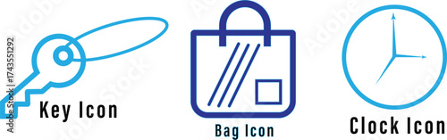 Blue Icons for Key, Shopping Bag, and Clock with Text Labels vector illustration